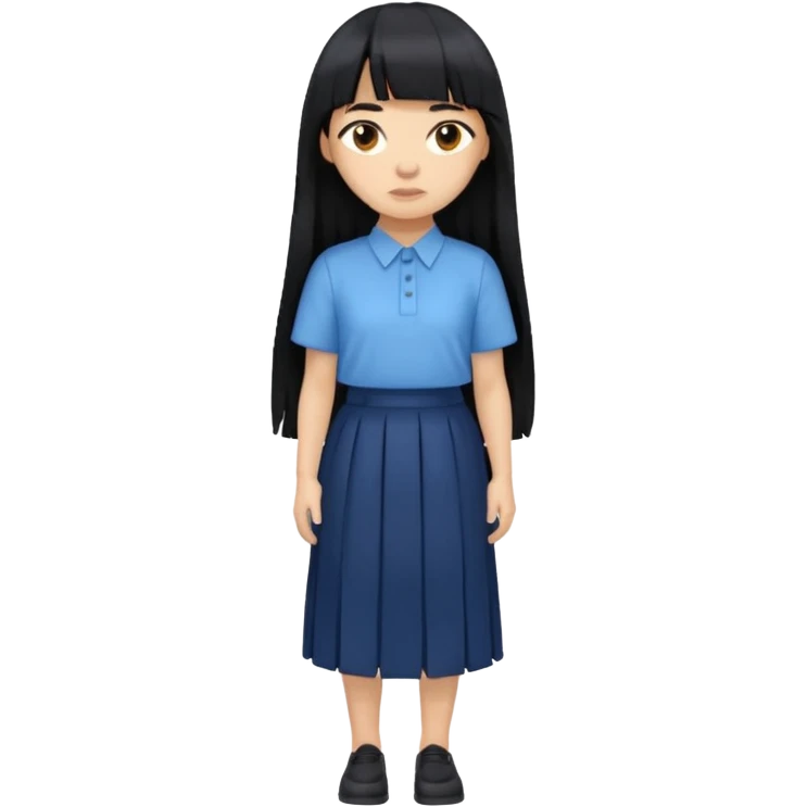 hair : black long hair with fringe 
skin : light 
cloth : oversize light blue shirt + navy long long skirt 
 emoji