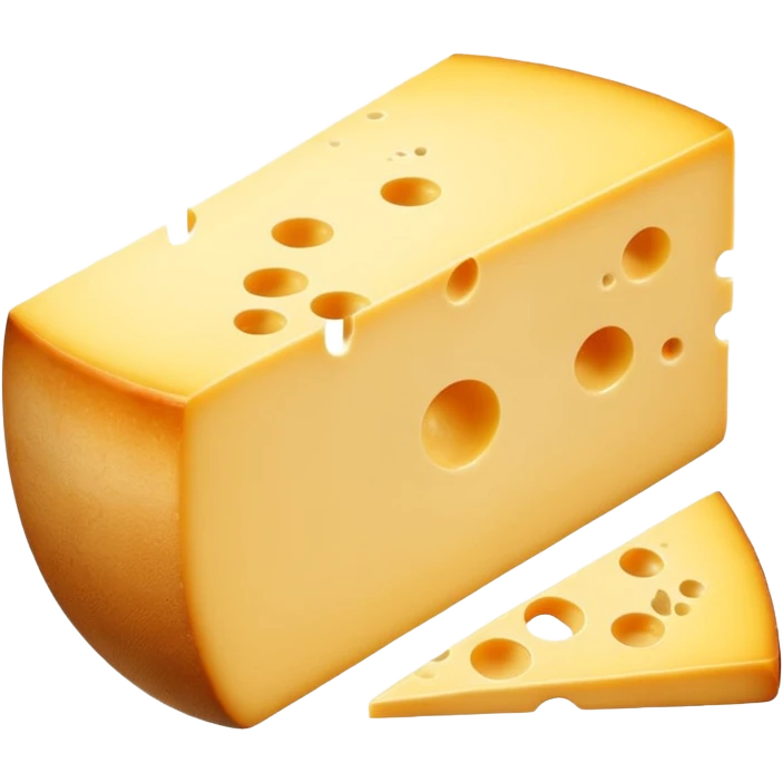 A wedge of yellow cheese with a single round hole and a thin cut slice leaning forward. emoji