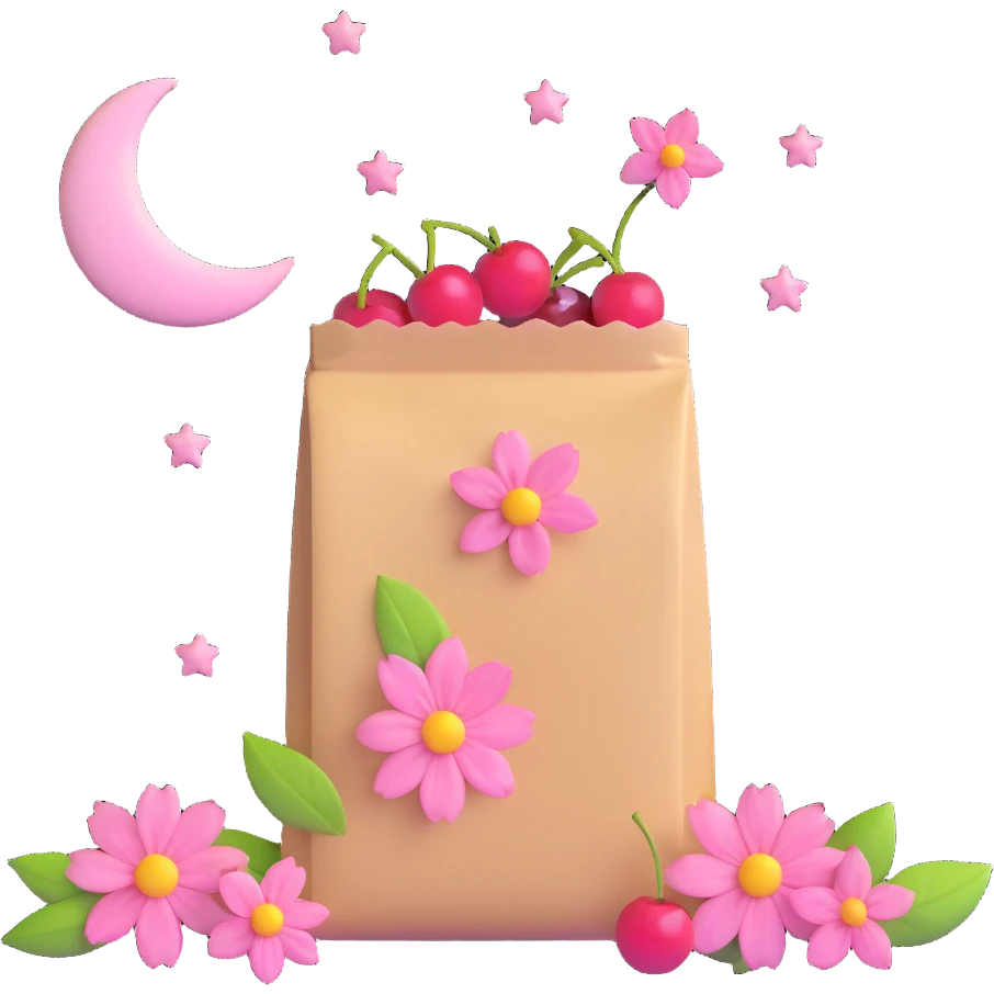 a tea bag with pink flowers, cherries, and a moon and stars emoji
