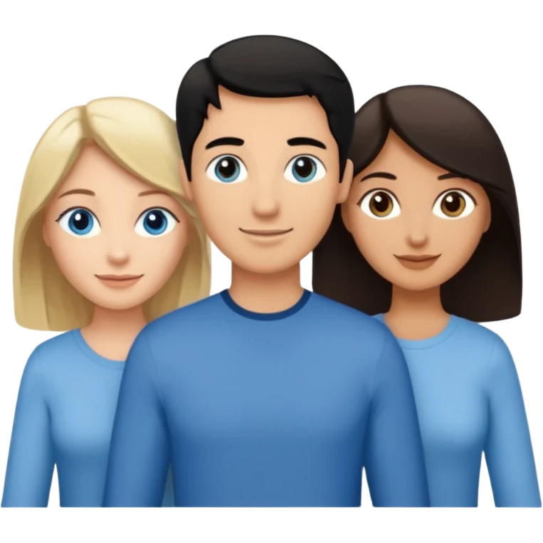 Blond woman blue eyes on left. Man with black hair and greye eye in the middle. Brown hair woman with greye eyes on the right. Happy together emoji