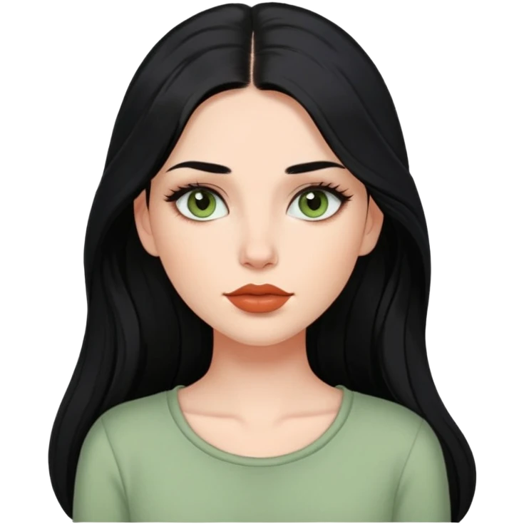 european girl with long black hair, long eyelashes, terracotta lips, light green top emoji