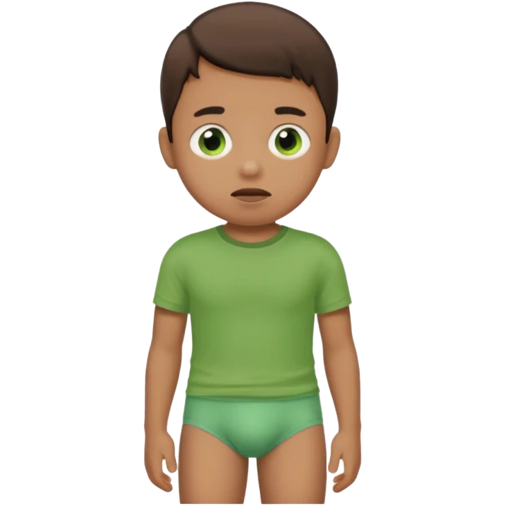 A kid wearing a poopy underwear with a green t-shirt emoji