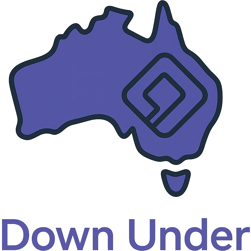 Add the wording 'Down Under' in a clean, modern font below the map of Australia with the official Microsoft Power Pages icon overlay. Use #403DAD as the main color, no digital web overlay emoji