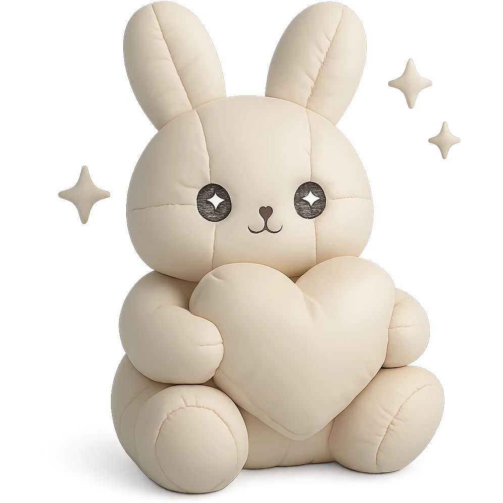 full-body milky white bunny with sparkling eyes, holding a big heart, sparkles floating around, dreamy pose, cushion style emoji