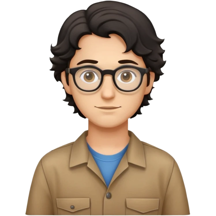 Young caucasian carpenter with black wavy hair, round glasses, brown work clothes with shirt underneath emoji