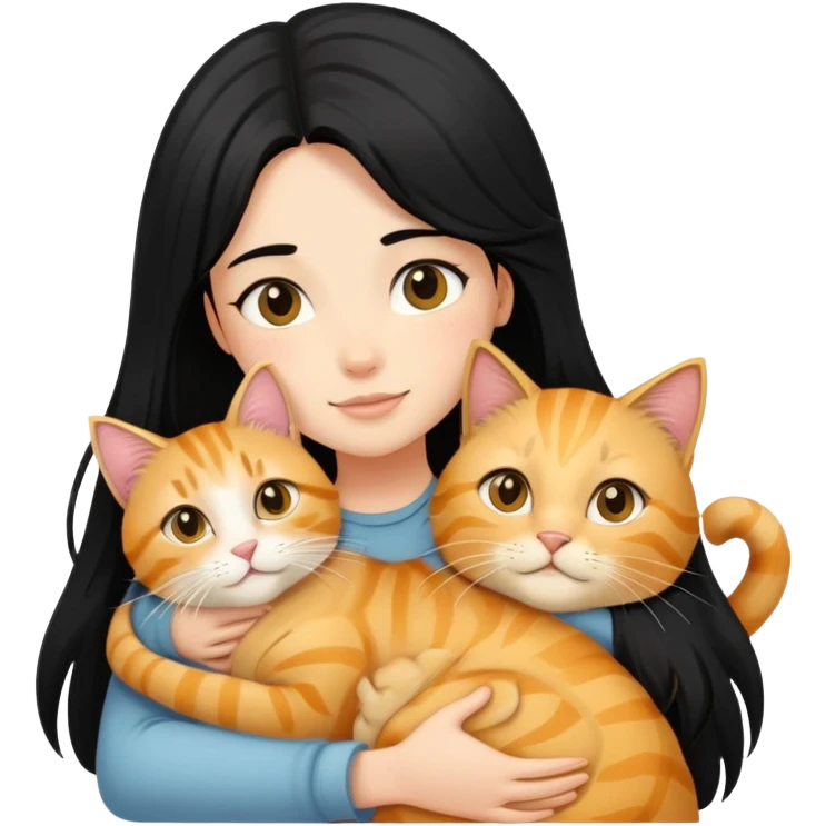 A black-haired girl hugs a long-haired golden tabby cat emoji