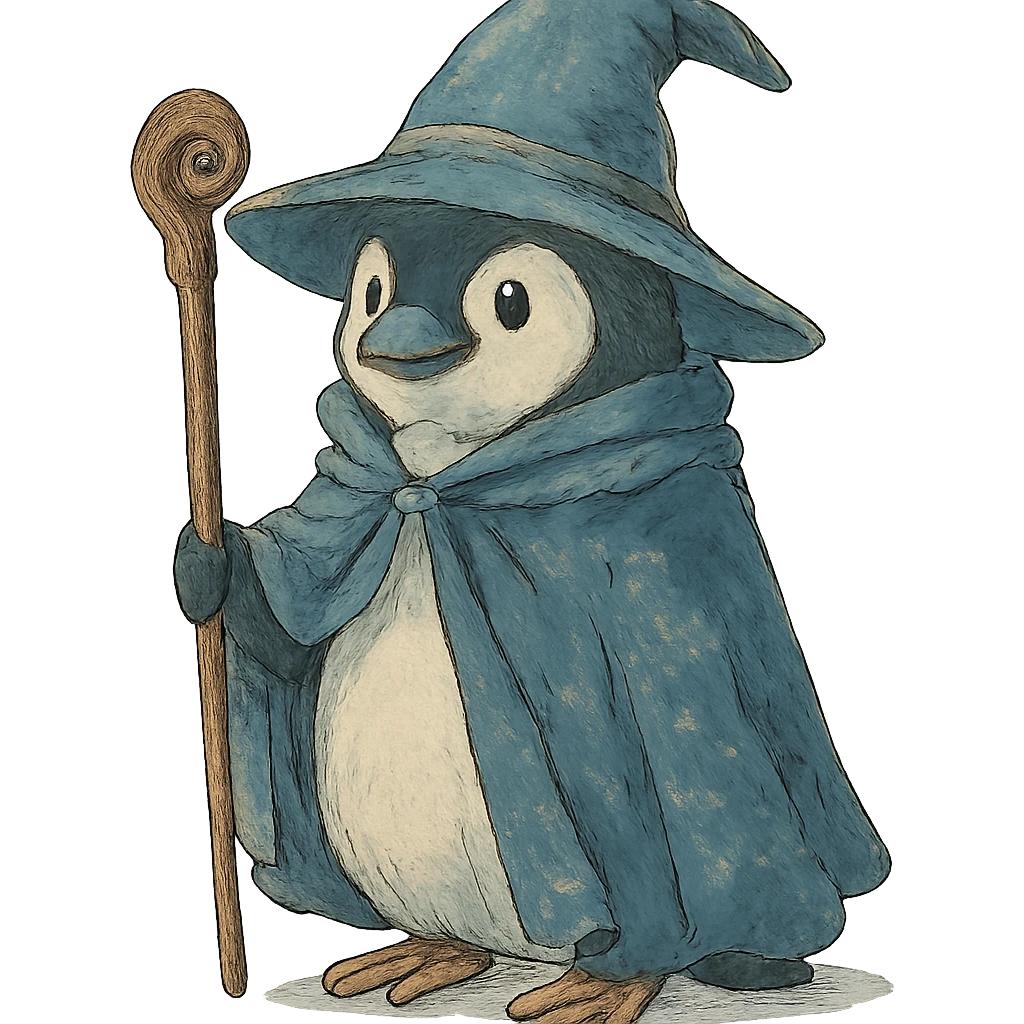 magical atmosphere penguin wizard holding a staff, wearing a wizard hat, ghibli style emoji