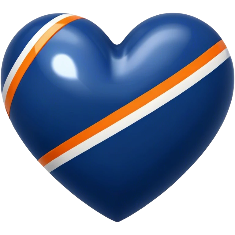 Glossy, sporty dark blue heart with diagonal white and orange athletic stripes going down one side emoji