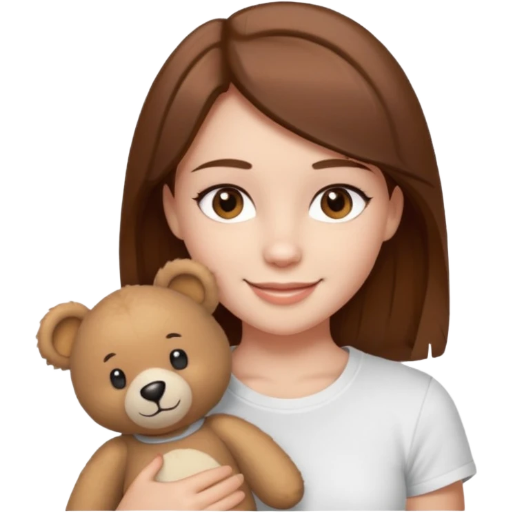 A Girl with Brown hair and Brown eyes with a t-shirt White. The t-shirt have dels a Teddy coquette bear. The Girl have White skins and she is smiling emoji