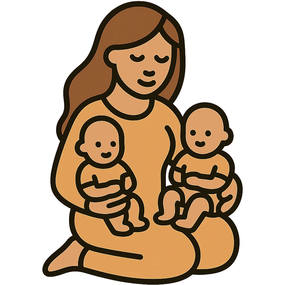 vector illustration of a mother with appearance and style like the reference, sitting and holding two babies on her lap, expressive and detailed, simple smooth lines, soft shadows and highlights, complex shapes, light beige-brown color scheme, flowing hair, clear facial features, atmosphere of tenderness emoji