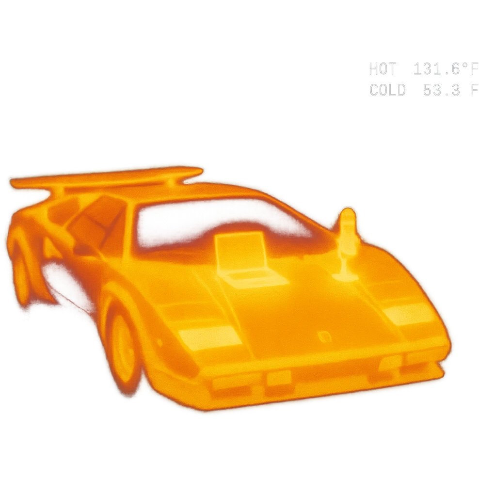 Lamborghini Countach with a laptop and recording microphone on the hood emoji
