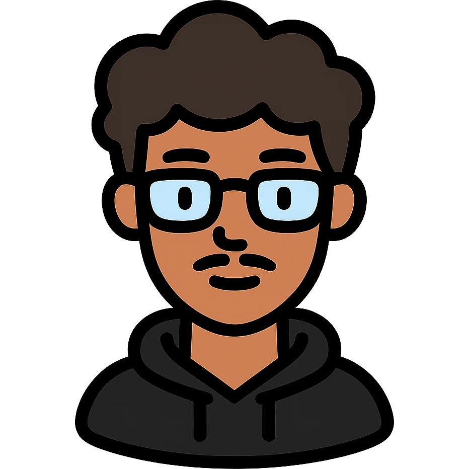 Malay teenager with fluffy hair, long face, light mustache, glasses, and a black hoodie icon emoji