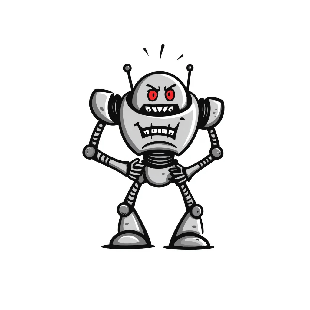 Hand-drawn evil robot with scary face and mechanical parts emoji