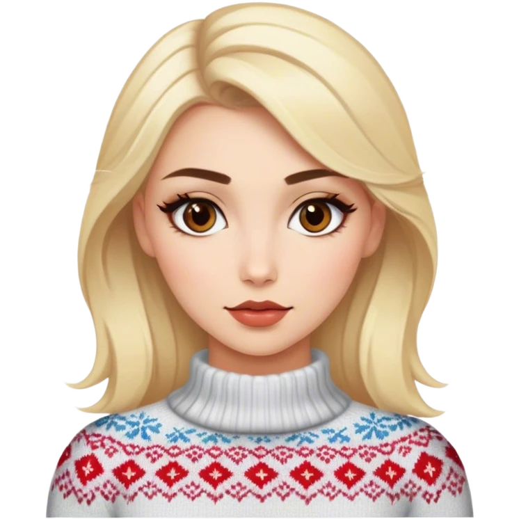 Blonde model with brown eyes, Nordic sweater, luxury makeup emoji
