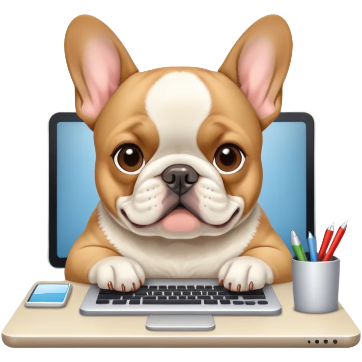 Frenchie working behind computer emoji
