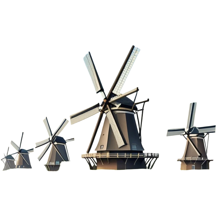 Cinematic Realistic Kinderdijk Windmills Landmark Emoji, depicted as a row of classic Dutch windmills set against a serene sky rendered with detailed textures and soft natural lighting. emoji
