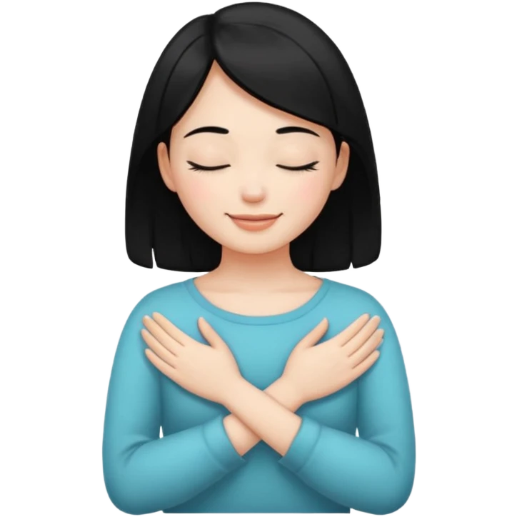 smiling girl with black hair with closed eyes with hands crossed holding neck emoji