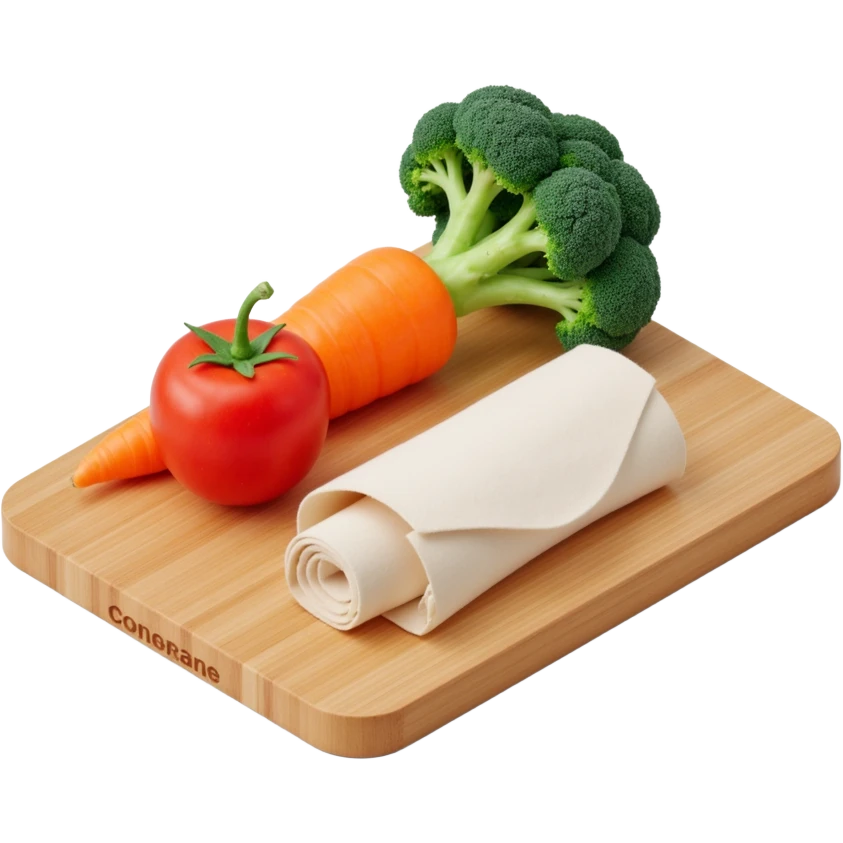 carrot tomato brocoli on the wooden cutting board with floating rolled paper list emoji