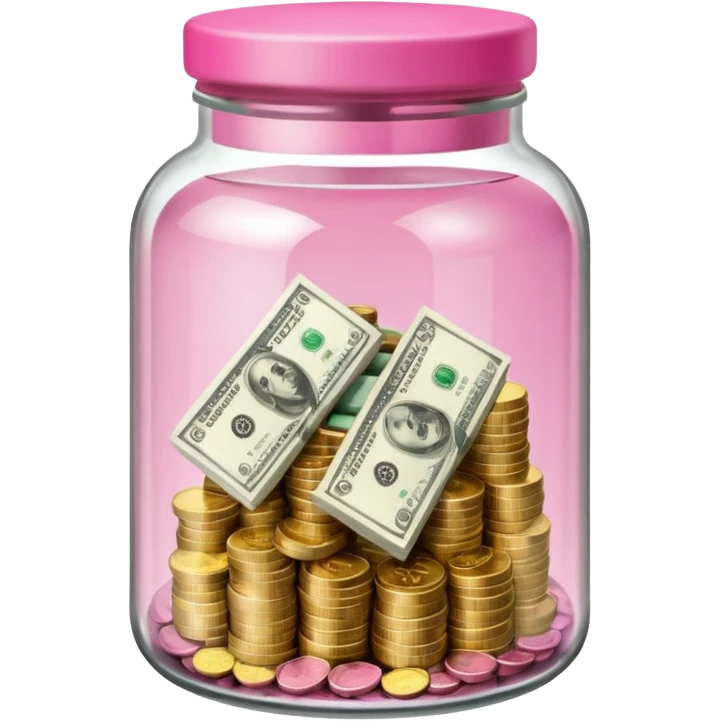 glass tip jar emoji style, simple with cash and coins pink emoji