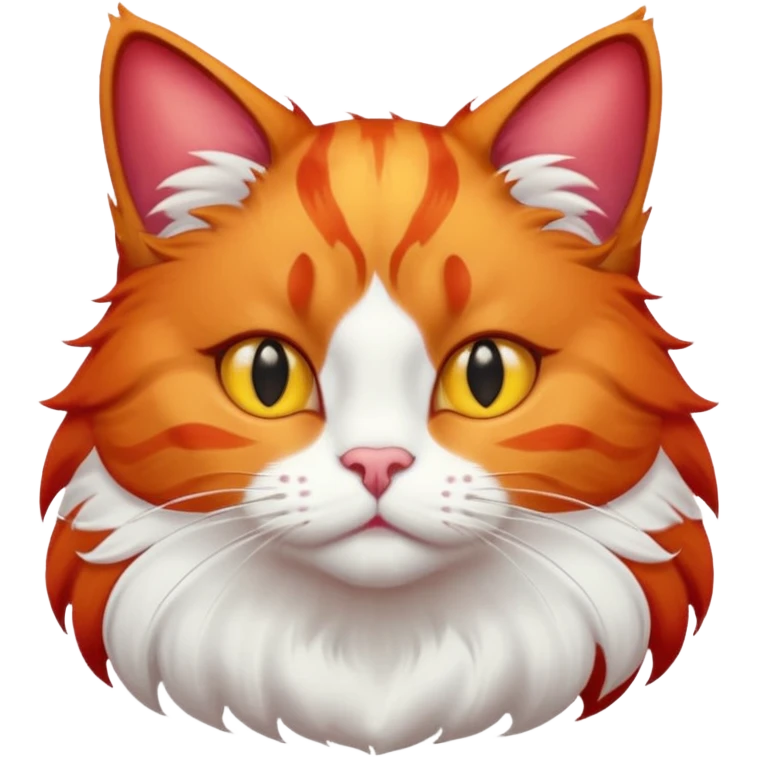 red cat with a white breast, a red spot on the chin. yellow eyes. fluffy. emoji