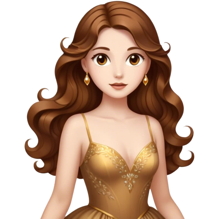 Cinematic Stunning Belle Portrait Emoji, Deep brown eyes full of curiosity, long chestnut hair flowing in soft waves, wearing her golden ballroom gown, glowing with warmth and elegance, a princess whose beauty is as radiant as her mind! emoji