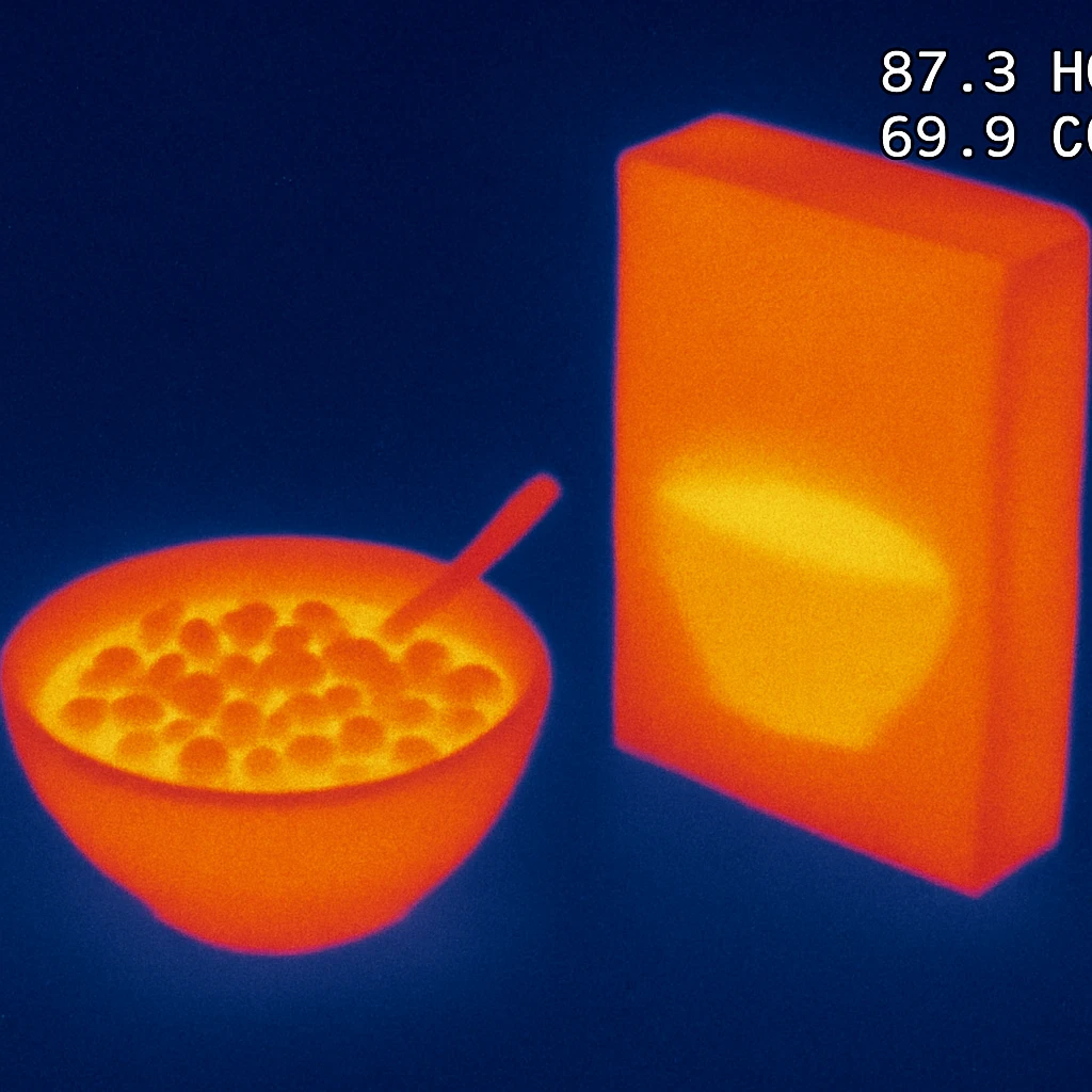 A plate with milk and cereal and a cereal box, with background emoji