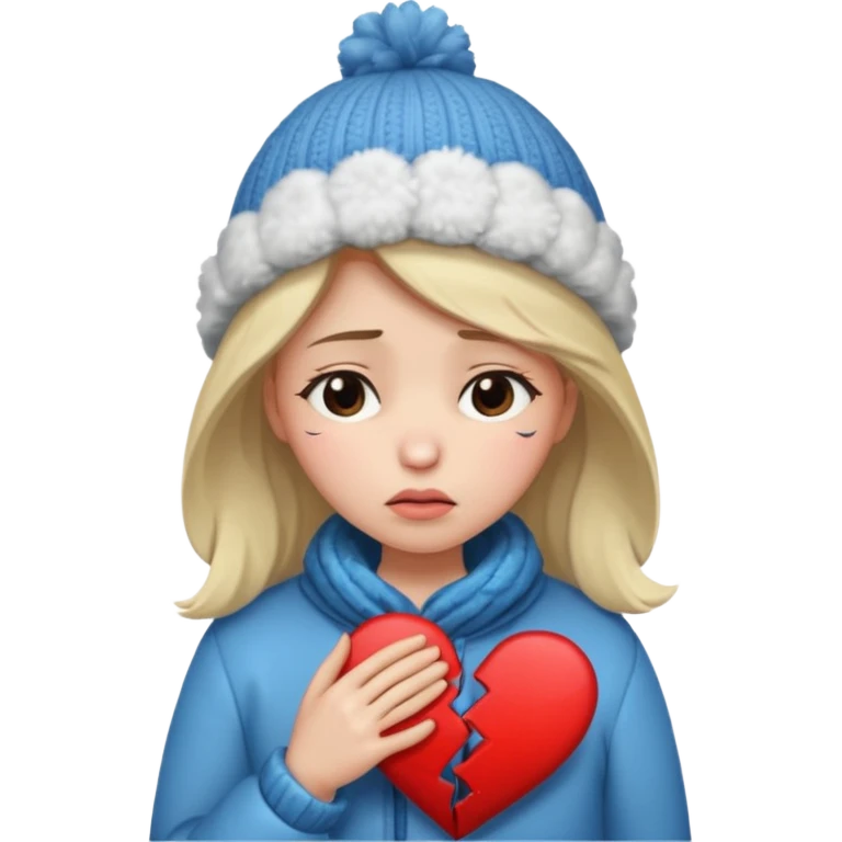 woman broken hearted, shedding a tear, looking down sad holding her heart breaking, wearing a winter outfit emoji