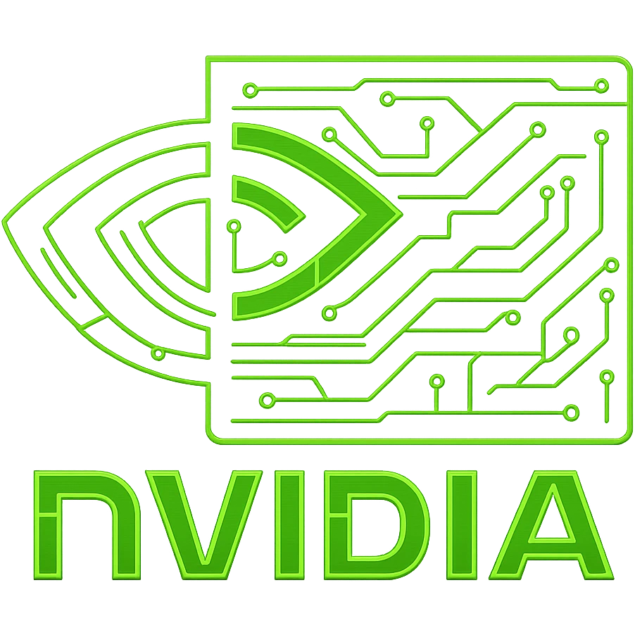 Transform the NVidia logo into a cyberpunk, holographic style with a solid, filled-in green main shape (not just outlines), glowing neon green edges, and circuit patterns throughout the entire icon. Overlay the neon and circuit effects on top of the solid green fill. Maintain the recognizable NVidia eye shape and keep the background outside the logo transparent. The whole icon should have a consistent cyberpunk glow and intricate circuit details. emoji