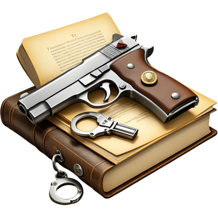 Icon for Action & Crime Reading: an open book with dramatic action scenes, surrounded by a gun, handcuffs, a badge, and a shadowy figure. The icon should evoke suspense, danger, and intrigue of crime and action stories. Transparent background. emoji