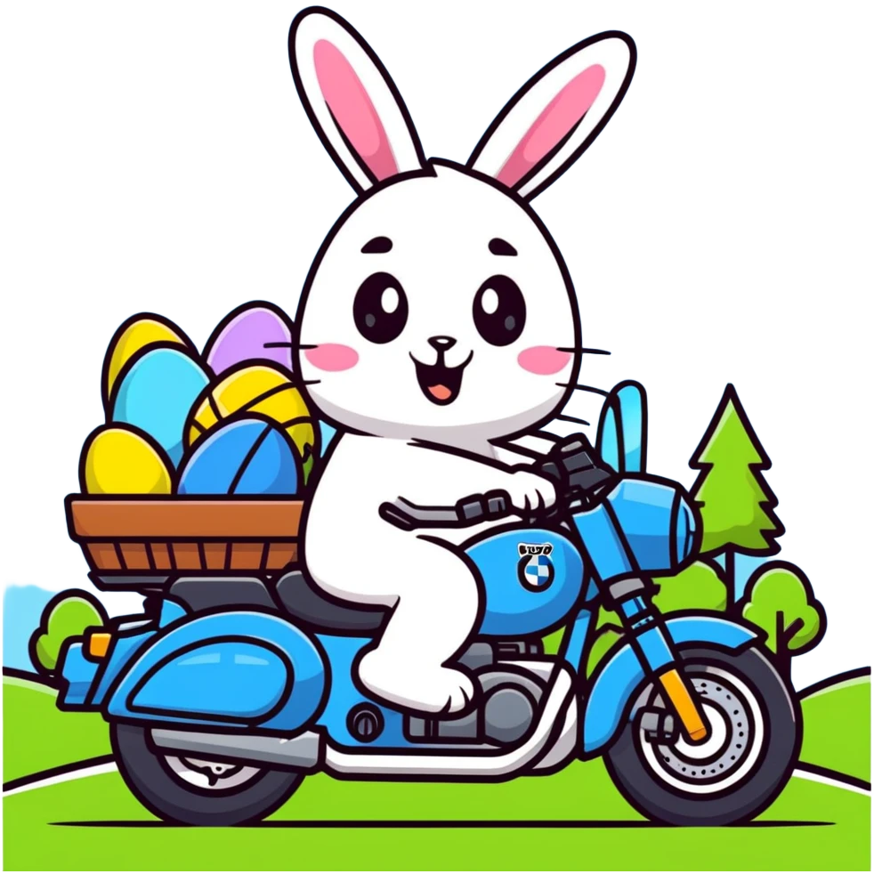 Easter bunny riding a BMW boxer motorcycle with trees and grass in the background emoji