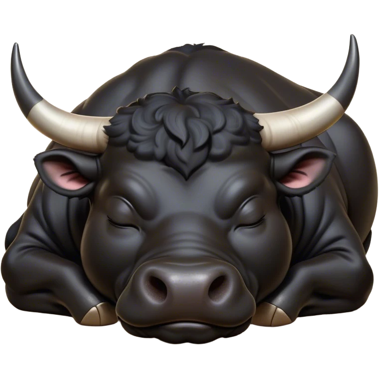 Meme-Worthy Cute Sleeping Black Bull Portrait Emoji, Head resting peacefully with a contented smile, showcasing a robust, massive build and a luxuriously soft pure black hide, eyes shut in a serene, restful nap, Simplified yet hilariously adorable features, highly detailed, glowing with a soft, drowsy light, high shine, relaxed and utterly lovable, stylized with an air of playful laziness, bright and heartwarming, soft glowing outline, capturing the essence of a comically sleepy guardian, so meme-worthy it feels like it could instantly become the next viral sensation of adorable slumber! emoji