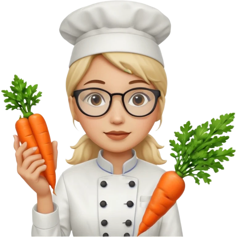 female italian chef, uniform, wearing glasses, holding carrot emoji