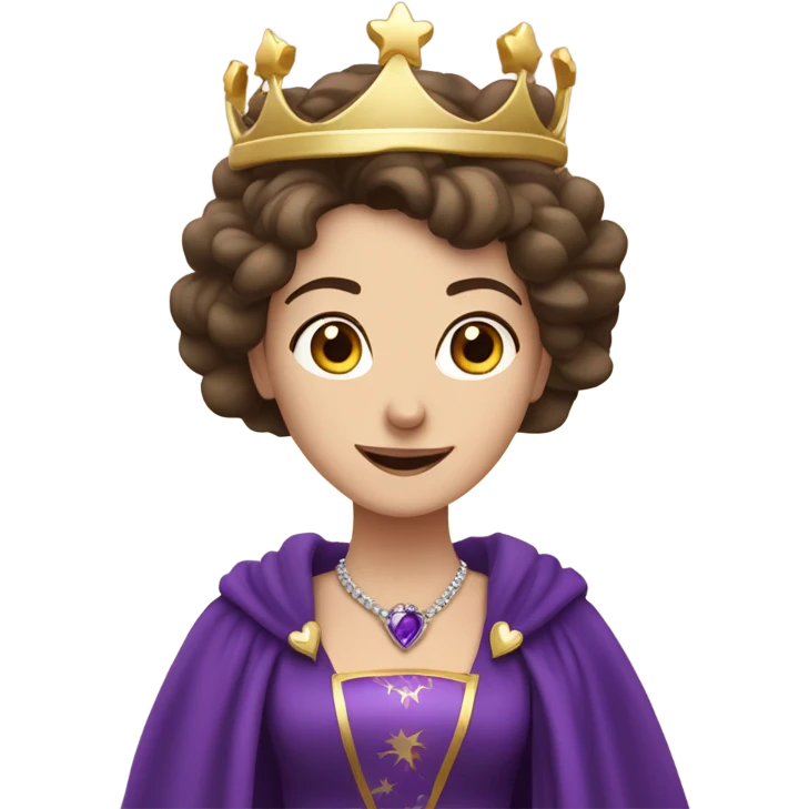 Caucasian long  brunette woman wearing formal royal purple robes and a crown. A burst of hearts are coming from her head. emoji