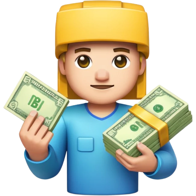emoji style icon, minecraft blocky character holding a stack of money, pixel art style, bright colors, simple background, 3D glossy emoji, centered composition, soft shadow, high detail, clean outline, white background emoji
