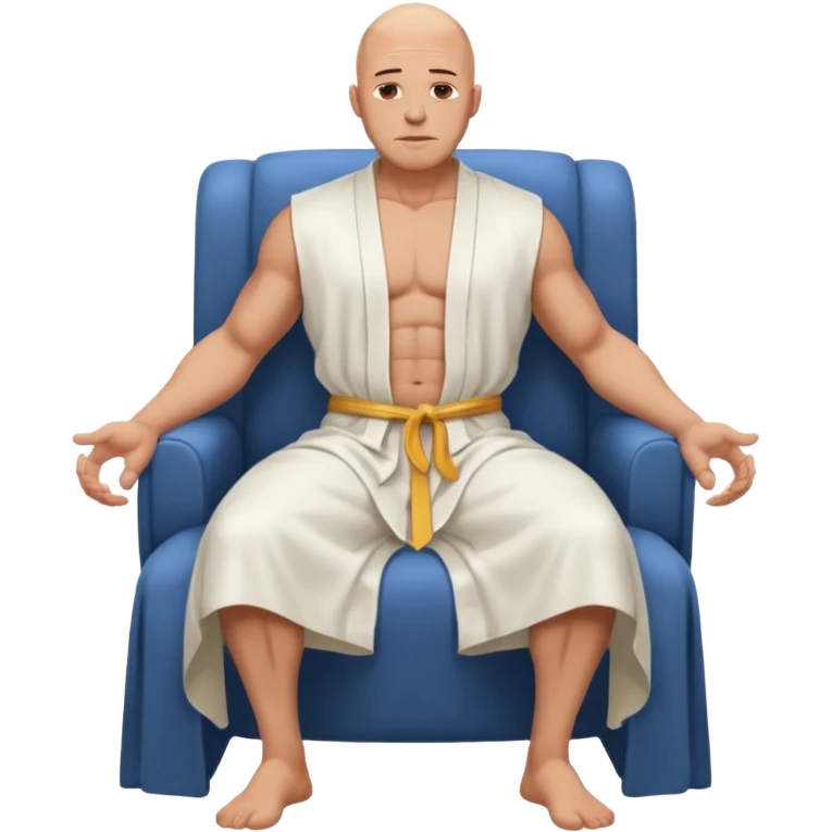 fullbody jacked bald guy, sleeveless and unbuttoned in full white robe sitting without chair and hands down emoji