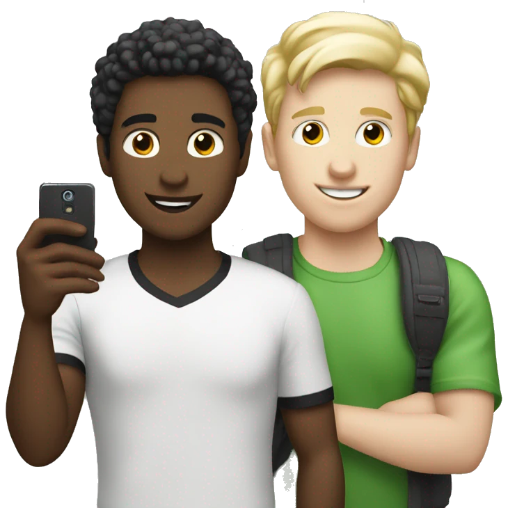 "Two male students taking photos with a cell phone.white skin emoji