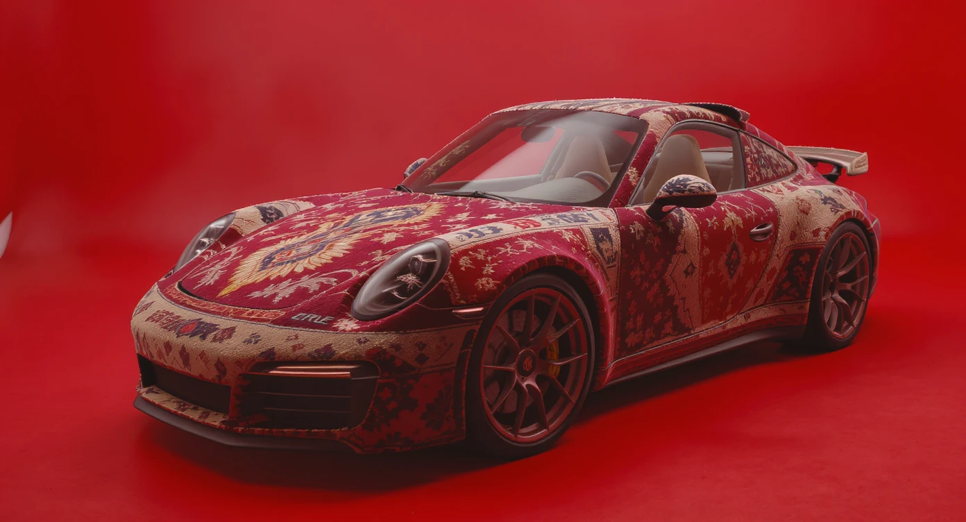 Closeup shot of a porsche 911, body of car made of russian carpet with patterns, red solid studio background,top low key light, dutch angle, haze, captured by ARRI 65 emoji