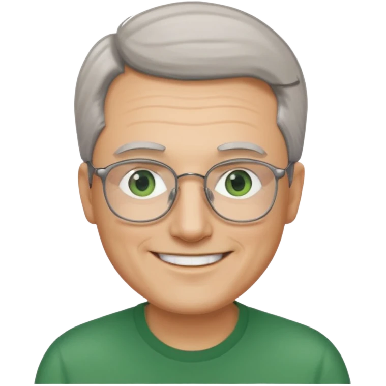 Man with receding hair, grey hair only on the sides, green eyes, rectangular reading glasses, rounded clear face, with a smile emoji