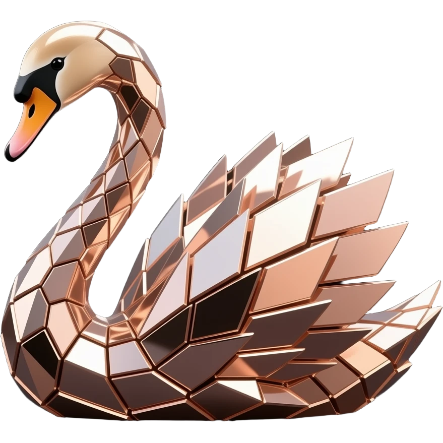 Graceful swan made of rose gold mirror shards, sharp edges, cinematic lighting, black background, detailed 3D emoji emoji