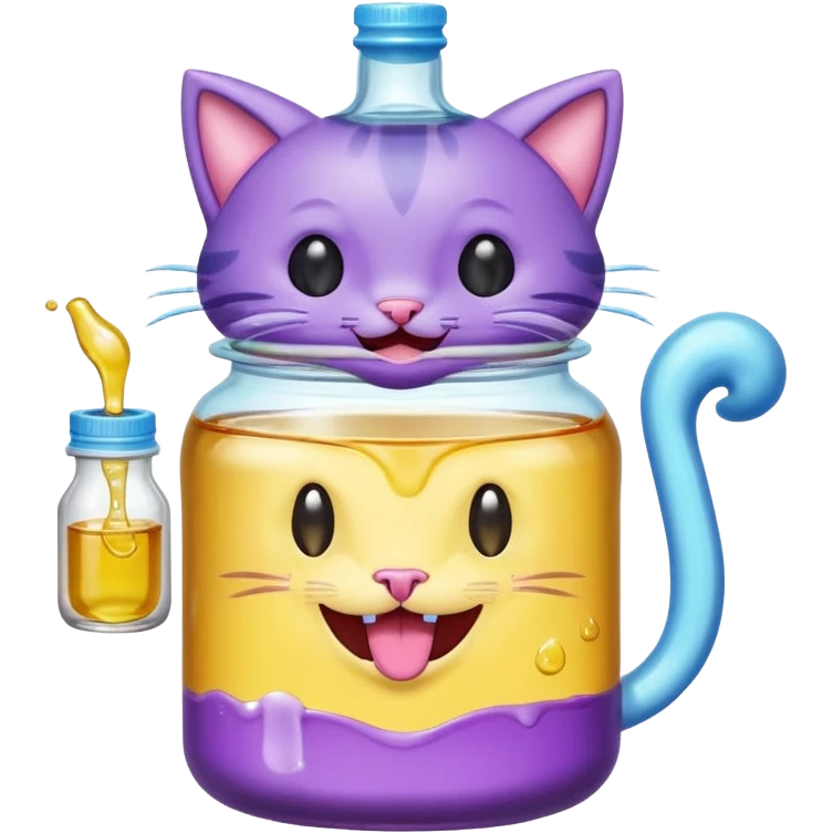 Smiling bottle of oil light purple top and light blue sticking tongue out and with cat ears emoji