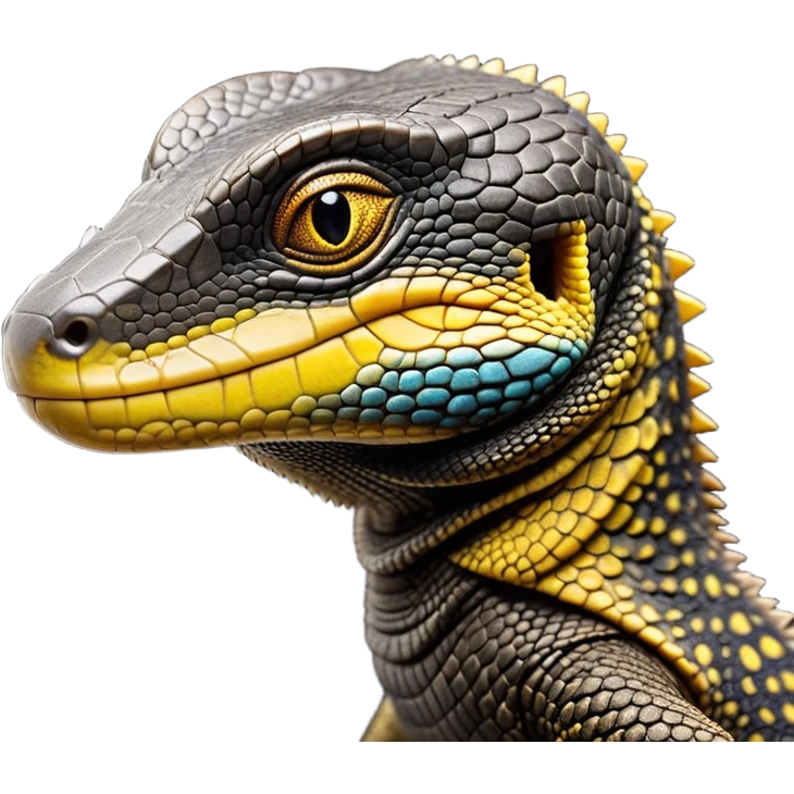 cinematic-realistic-cute-monitor-lizard-portrait-emoji,-head-tilted-playfully-and-inquisitively,-featuring-a-compact,-agile-body-with-finely-detailed,-glossy-scales-in-earthy-black and yellow-hues-and-a-distinct,-alert-face-with-bright,-curious-eyes, black , yellow spotted and green band  scales and a big long neck emoji
