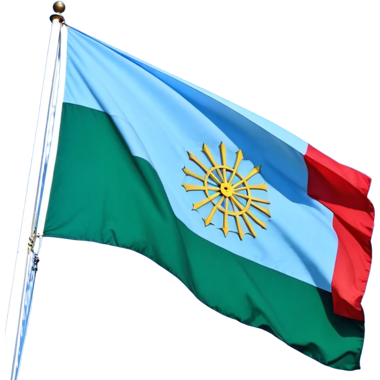 Un drapeau divisé horizontalement en deux parties égales : la partie supérieure est bleue représentant le ciel, et la partie inférieure est verte représentant la terre. Au centre du drapeau, il y a une grande roue rouge à 16 rayons, semblable à une roue de charrette.  emoji