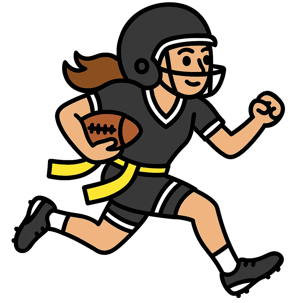 Update to show a woman running with a football, wearing a helmet, a black uniform with white accents, and a lemon lime colored flag belt around her waist. No country flags. Keep the background transparent. emoji