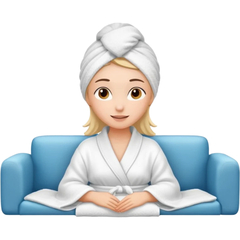 spa A contented and relaxed girl with a towel on her head in a white robe lies on a couch. The icon displays the couch and the girl in full three-quarter view. emoji