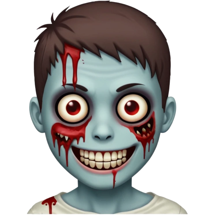 zombie boy with emo brown hair, white skin, and white eyes; an open smile, and bloodied teeth; emoji