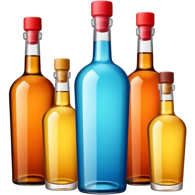 Four bottles of alcohol without labels, each with distinct shapes, arranged neatly in a row. The bottles should vary in color and size, with detailed caps. emoji