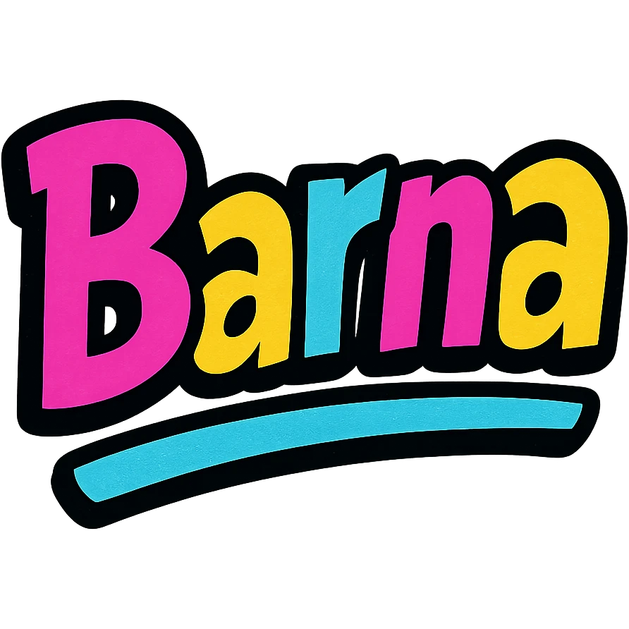 The name 'Barna' in a modern, colorful gradient font with dark outline, dynamic, slanted or partial underline, in the style of sample images. emoji