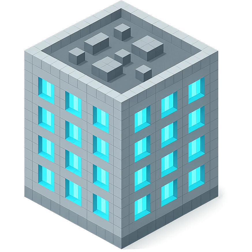Russian panel apartment building, compact square block, light gray, UV glowing windows, isometric view emoji
