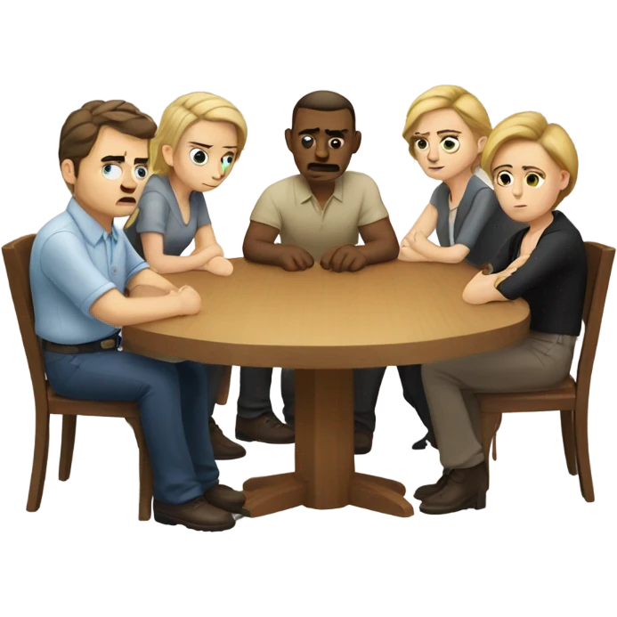 6 Caucasian people sitting around a table looking unhappy emoji