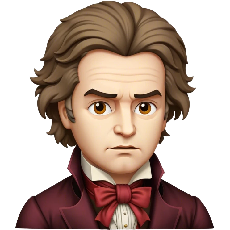 Cinematic Realistic Beethoven Portrait Emoji, depicted as a passionate composer with intense expressive features in period attire, rendered with rich textures and dramatic moody lighting that captures the turbulent genius of his music. emoji